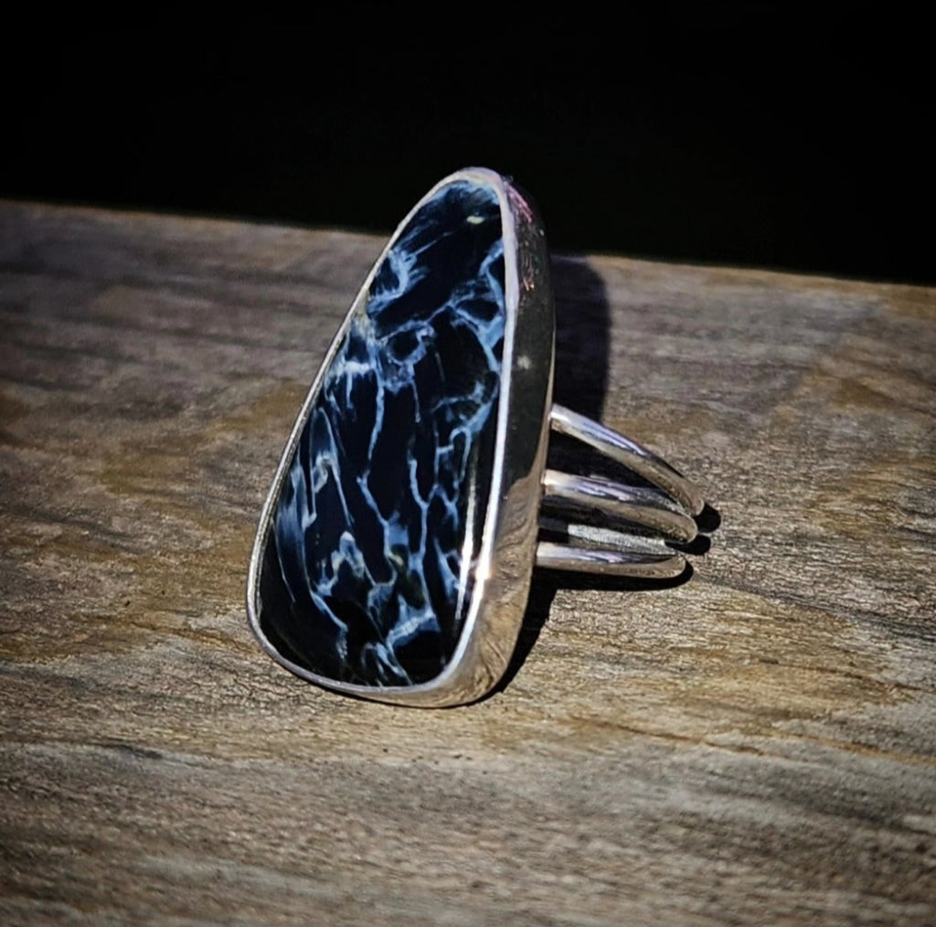 Triangular Shaped Black and Blue Pietersite Ring set in sterling silver. Size 8.75