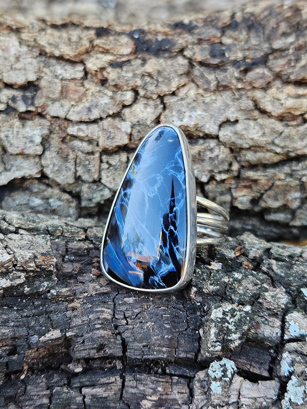Triangular Shaped Black and Blue Pietersite Ring set in sterling silver. Size 8.75