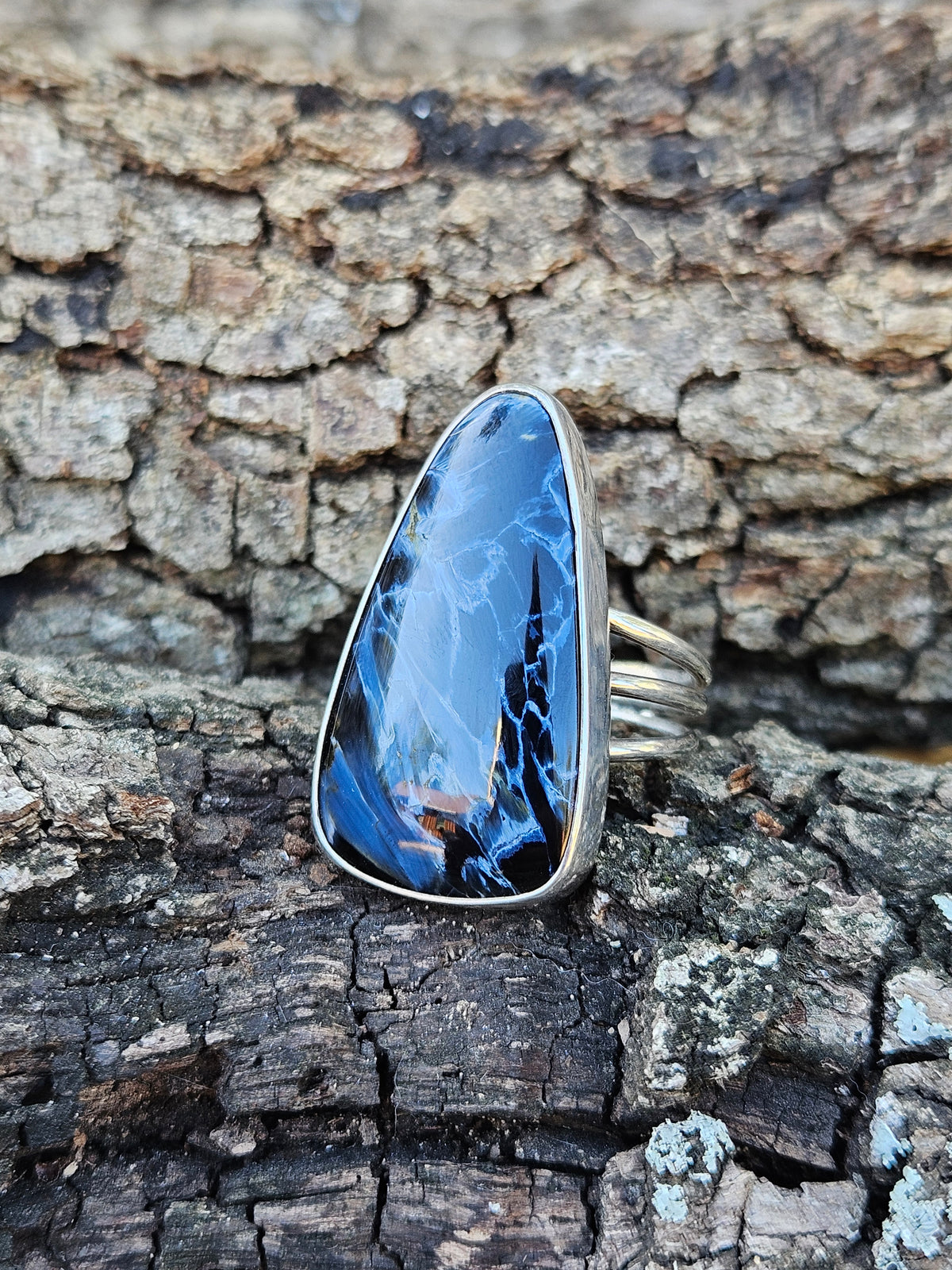 Triangular Shaped Black and Blue Pietersite Ring set in sterling silver. Size 8.75