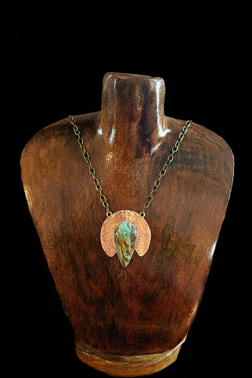 Royston turquoise pendant necklace with mixed metals. The pendant features a textured copper half-moon shape framing a central turquoise stone with brown and green matrix with a silver bezel and brass chain.