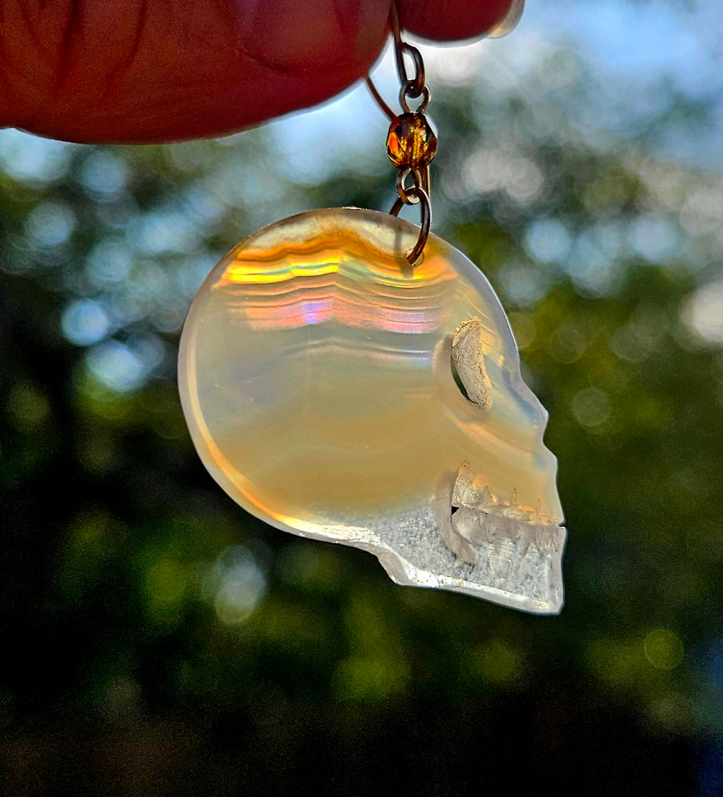 Rainbow Iris Agate Skull Earrings with 12k gold filled ear wires. 