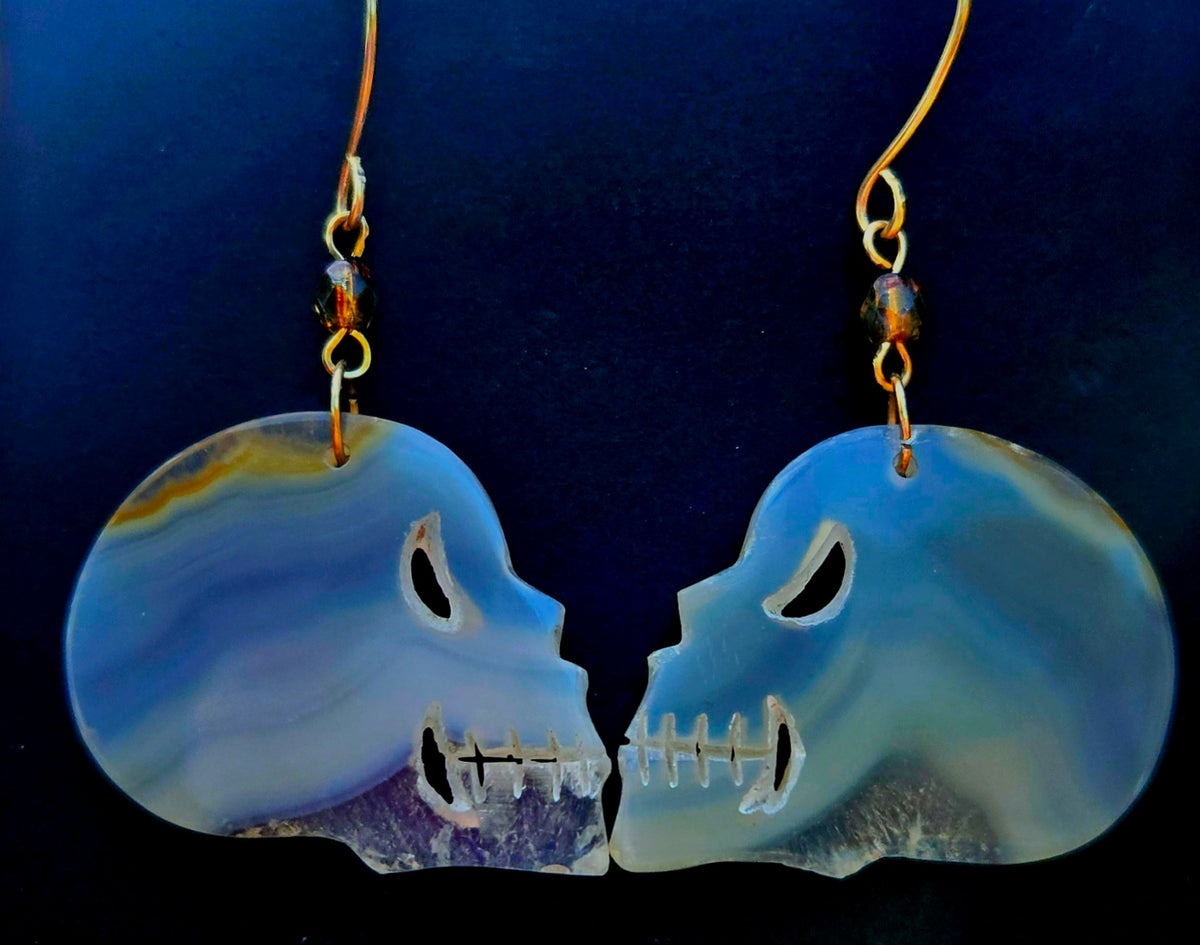 Rainbow Iris Agate Skull Earrings with 12k gold filled ear wires. 