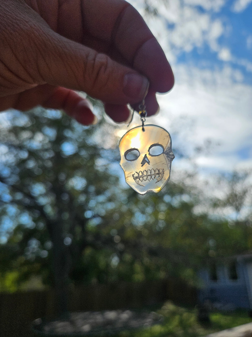 Rainbow Iris Agate Skull Earrings with 12k gold filled with French wire hooks.