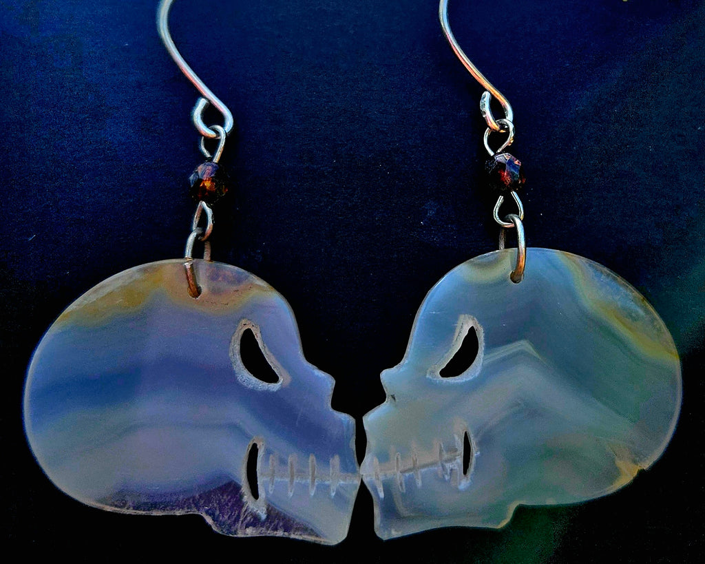 Rainbow Iris Agate Skull Earrings with Sterling Silver French wire hooks.
