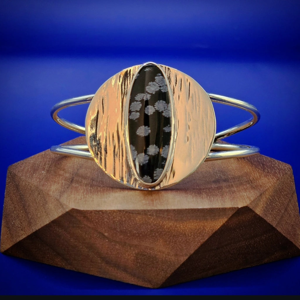 Snowflake Obsidian Bracelet set in sterling silver. Geometric shape. 