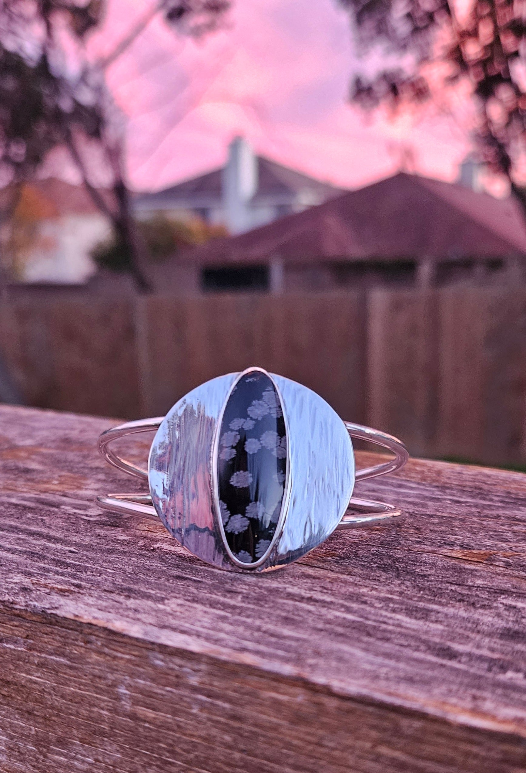 Snowflake Obsidian Bracelet set in sterling silver. Geometric shape. 