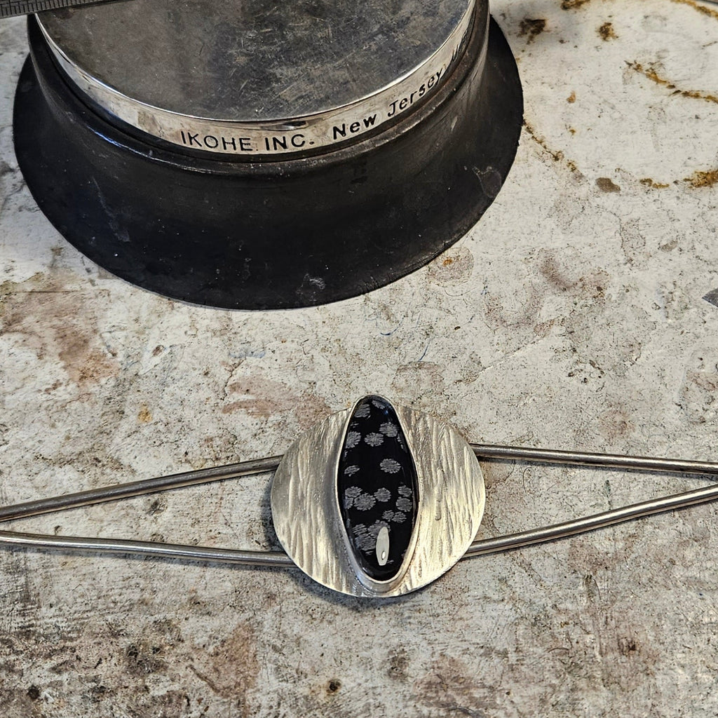 Snowflake Obsidian Bracelet work in progress set in sterling silver. Geometric shape. 