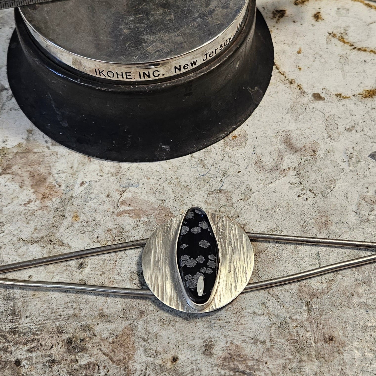 Snowflake Obsidian Bracelet work in progress set in sterling silver. Geometric shape. 