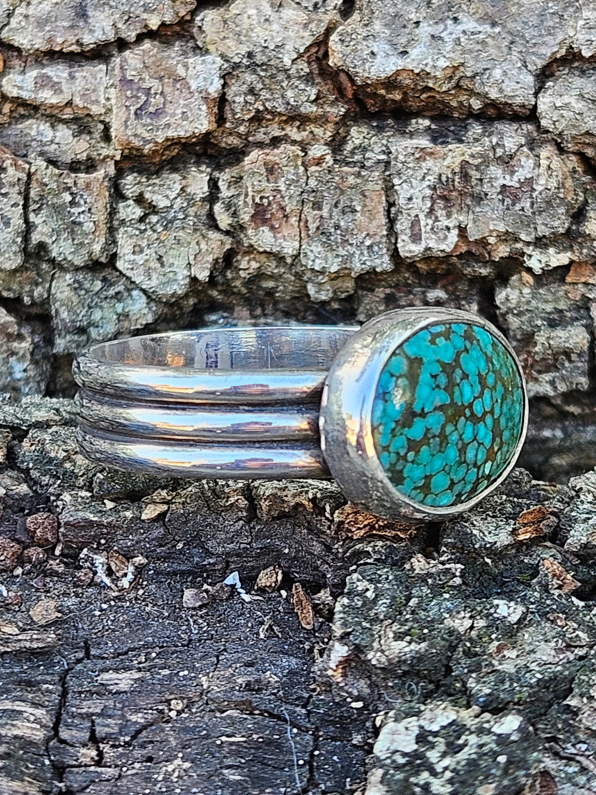 Oval shaped Hubei Spideweb Turquoise Ring set in sterling silver. Size 12