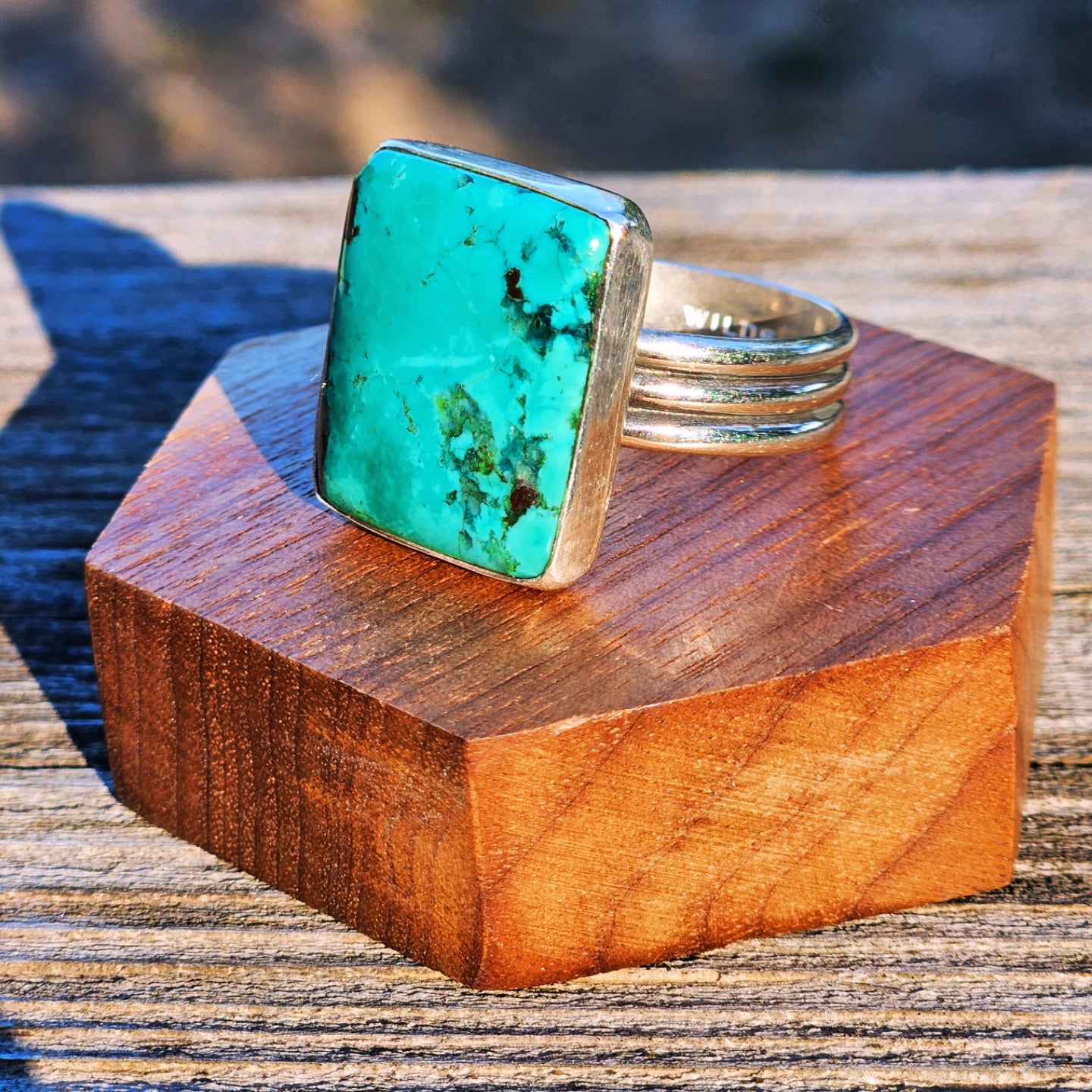 Large square Kingman Turquoise Ring set in sterling silver. Size 13