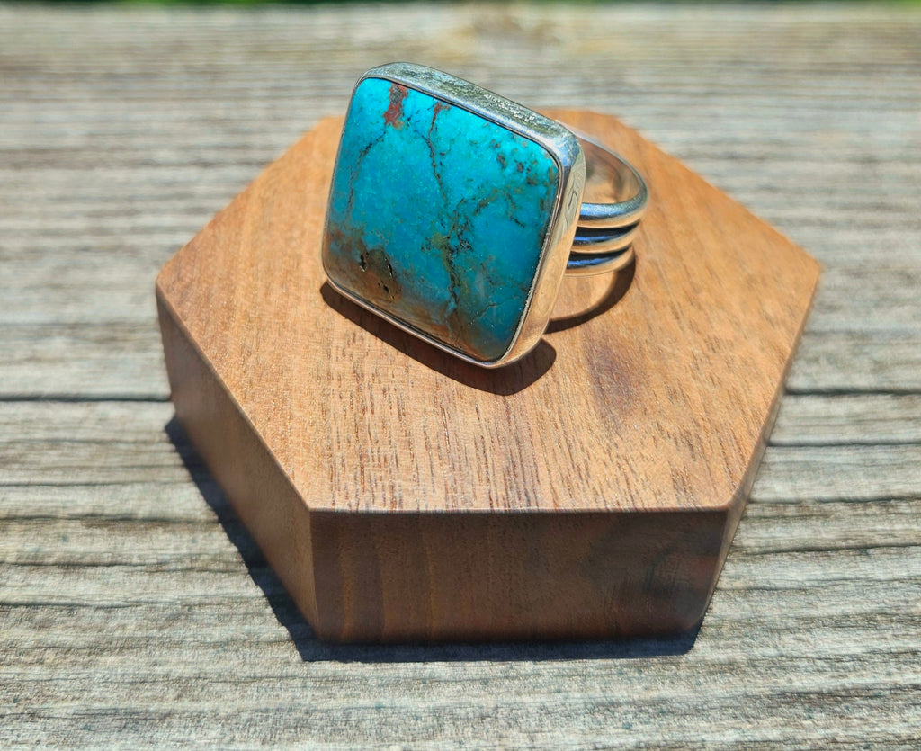 Square Kingman Turquoise Ring set in sterling silver. Size 9.5