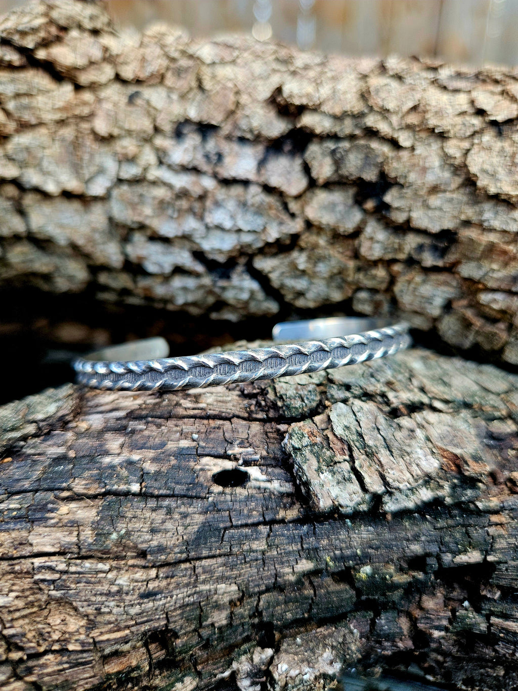 Sterling Silver Pattern Wire Bracelet with a dark patina. Stacking bracelet.