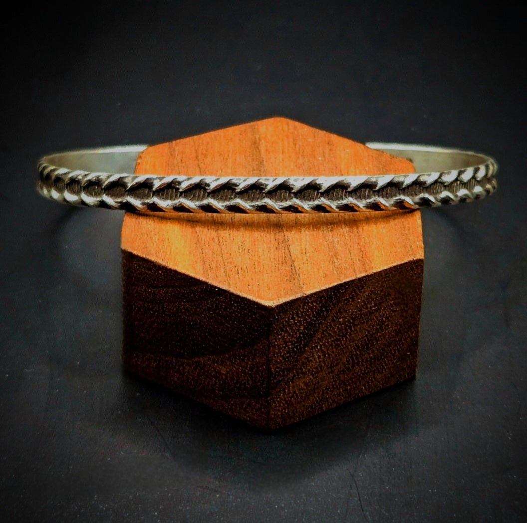 Sterling Silver Pattern Wire Bracelet with a dark patina. Stacking bracelet.