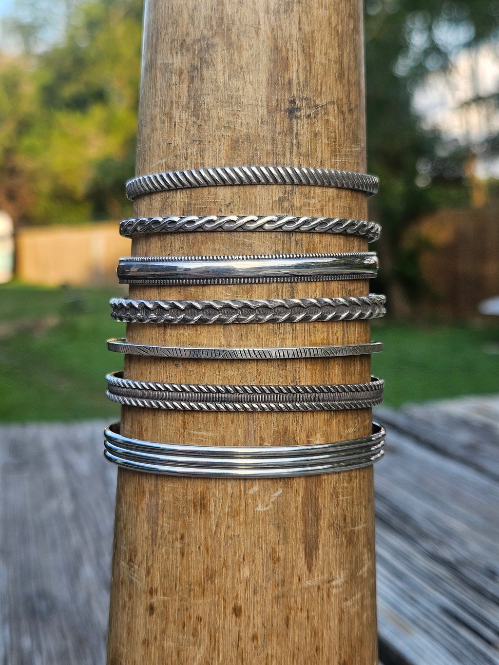 Sterling Silver Pattern Wire Bracelets with a dark patina. Stacking bracelet.