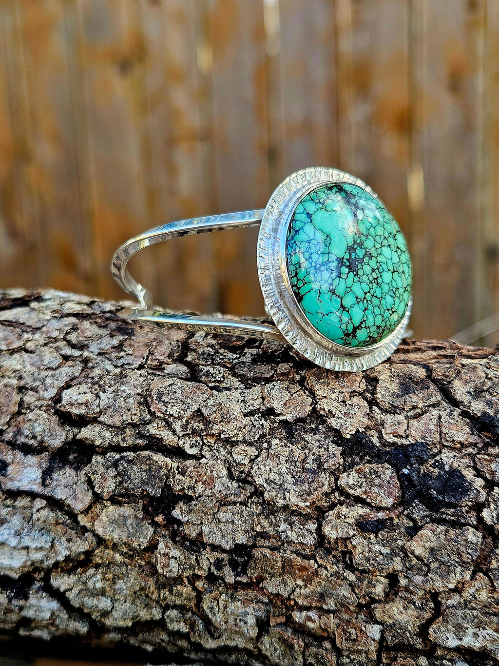Round Hubei Spiderweb Turquoise Bracelet set in sterling silver with a textured border and 2 bands 