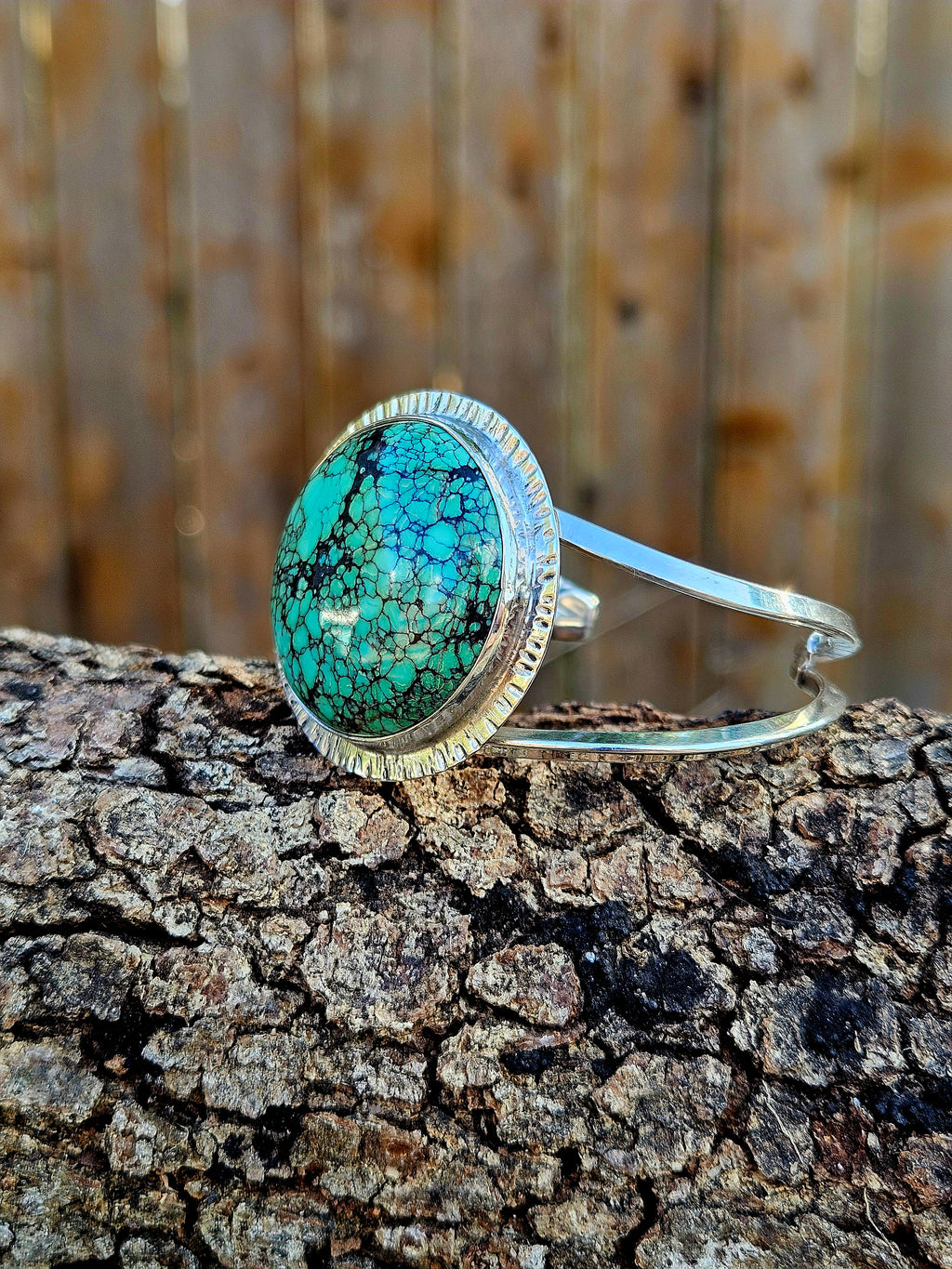 Round Hubei Spiderweb Turquoise Bracelet set in sterling silver with a textured border and 2 bands 