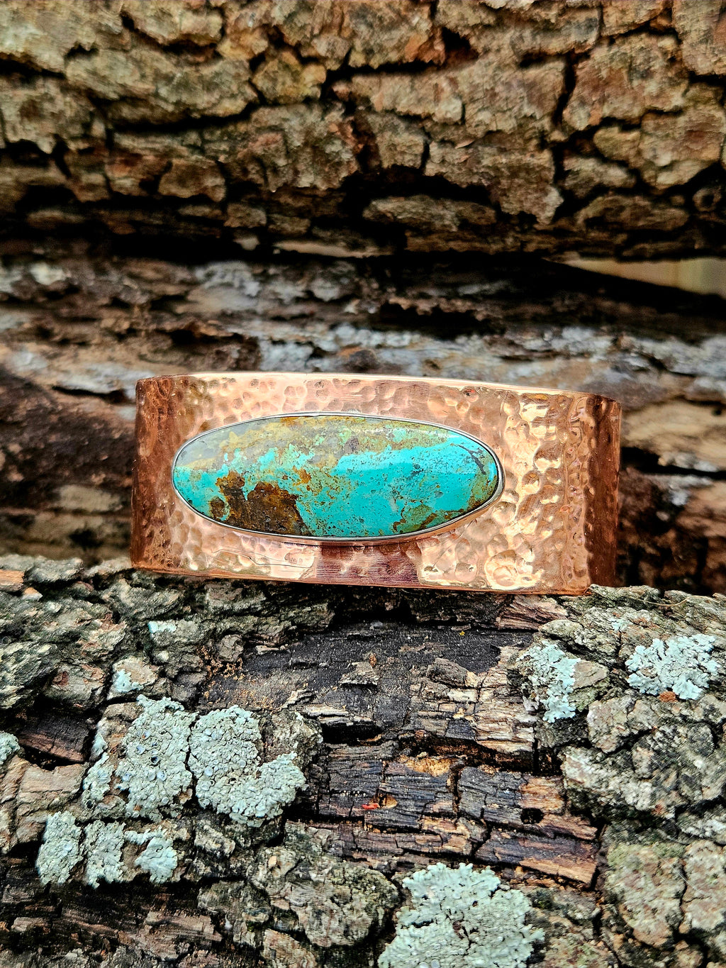 Wide hammered copper cuff with Royston Turquoise
