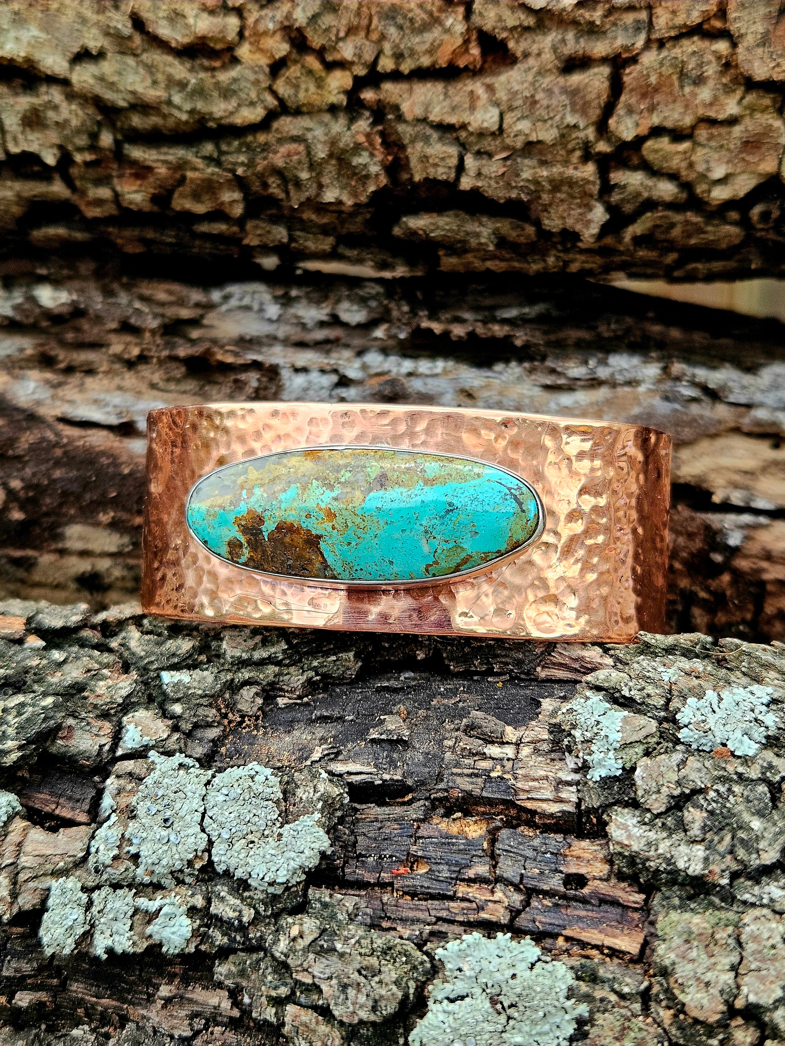 Wide hammered copper cuff with Royston Turquoise