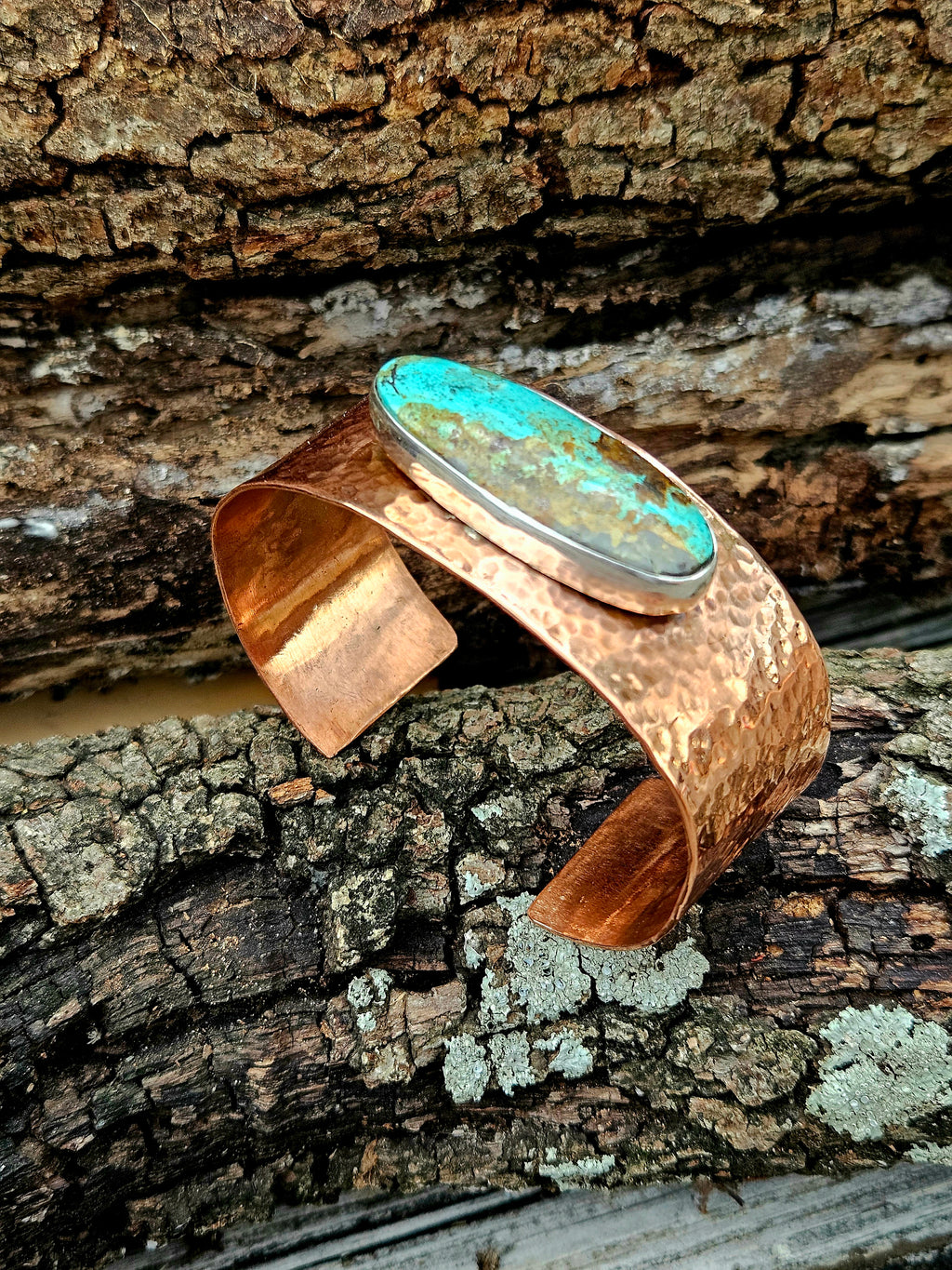 Wide hammered copper cuff with Royston Turquoise