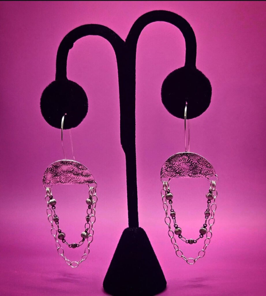 Sterling Silver Hand Stamped Eye Pattern Earrings with Chains