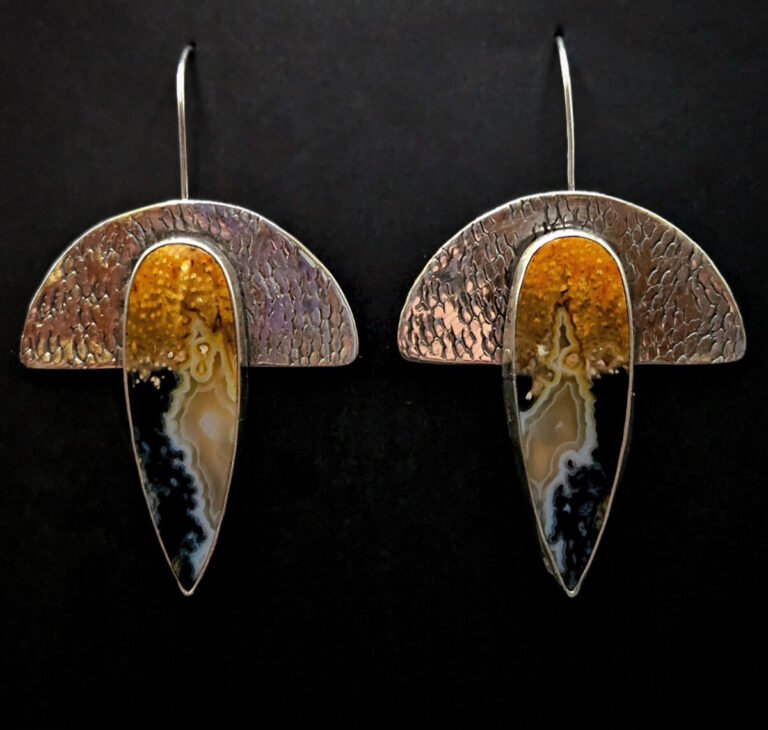 Wild Native Creations Jewelry Handmade Hand Fabricated Sterling Silver Textured Earrings with Petrified Palm