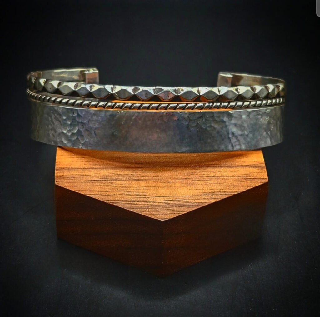 Large Sterling Silver Pattern wire and Hammered Cuff